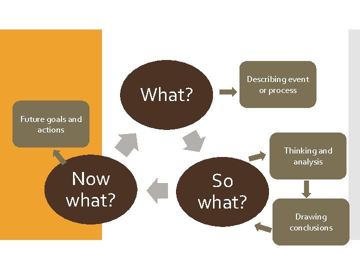 What? Describing event or process Future goals and actions Now what? Thinking and analysis