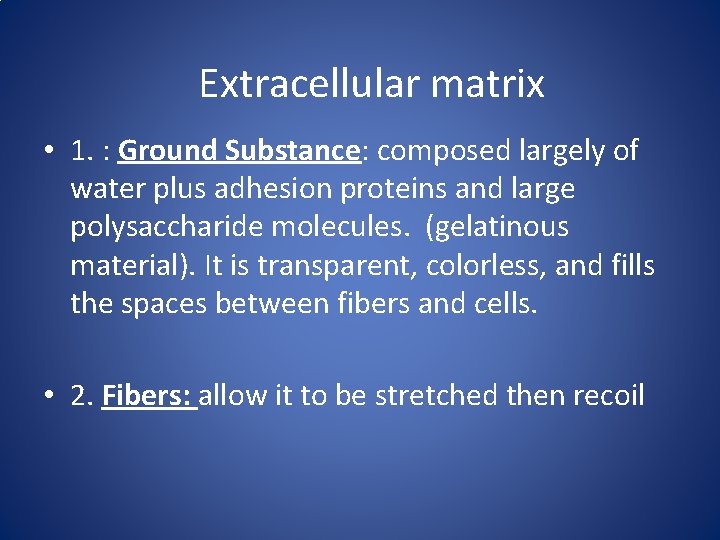 Extracellular matrix • 1. : Ground Substance: composed largely of water plus adhesion proteins Extracellular matrix • 1. : Ground Substance: composed largely of water plus adhesion proteins
