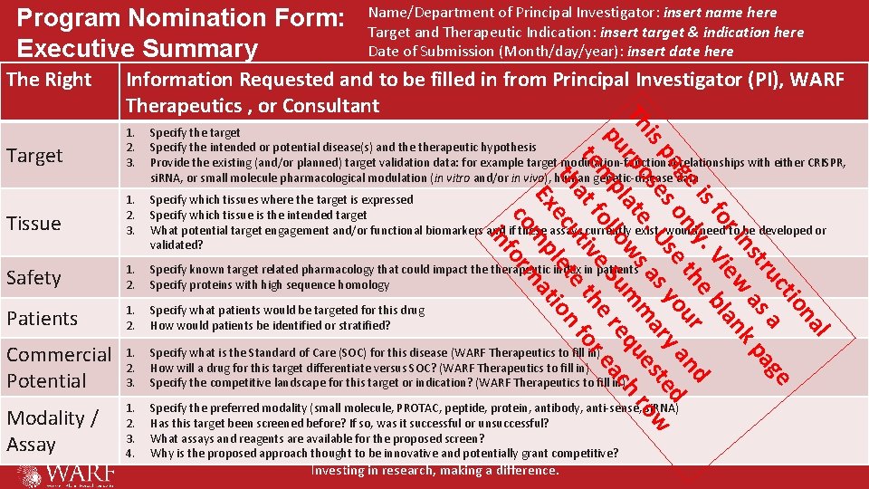 Program Nomination Form: Executive Summary The Right Name/Department of Principal Investigator: insert name here Program Nomination Form: Executive Summary The Right Name/Department of Principal Investigator: insert name here