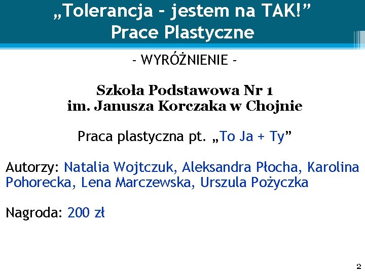 „Tolerancja – jestem na TAK!” Prace Plastyczne - WYRÓŻNIENIE Szkoła Podstawowa Nr 1 im.