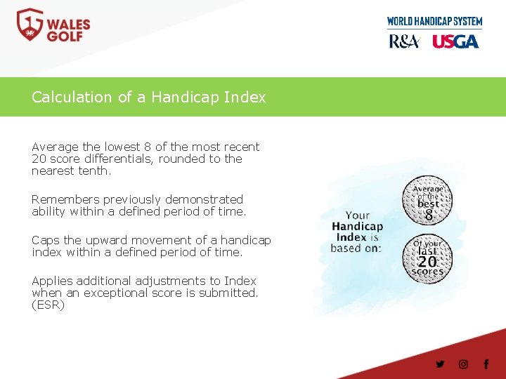 Calculation of a Handicap Index For 20 Scores Average the lowest 8 of the
