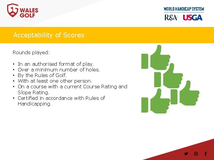 Acceptability of Scores Rounds played: In an authorised format of play. Over a minimum