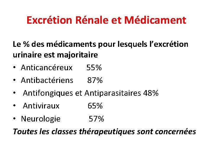 Excrétion Rénale et Médicament Le % des médicaments pour lesquels l’excre tion urinaire est