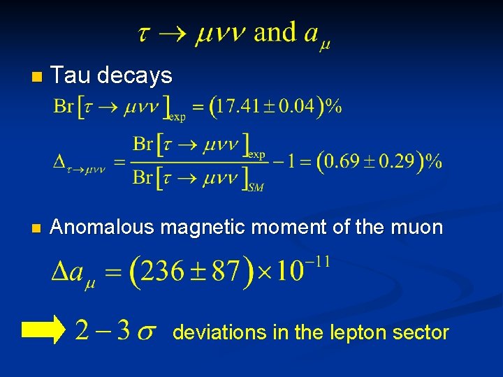 n Tau decays n Anomalous magnetic moment of the muon deviations in the lepton