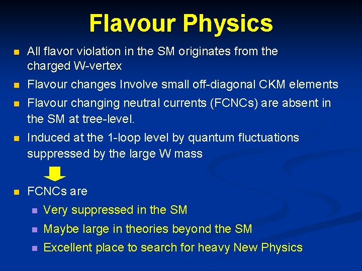 Flavour Physics n n All flavor violation in the SM originates from the charged