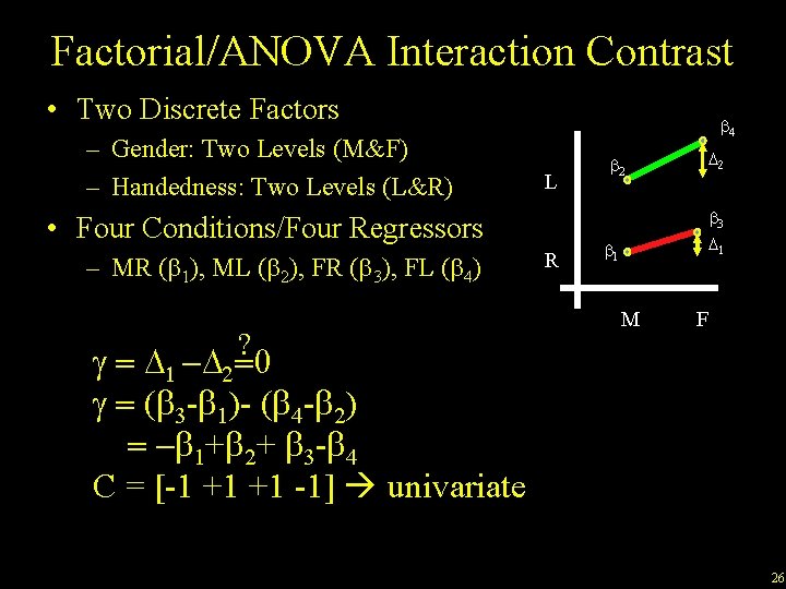 Factorial/ANOVA Interaction Contrast • Two Discrete Factors – Gender: Two Levels (M&F) – Handedness: