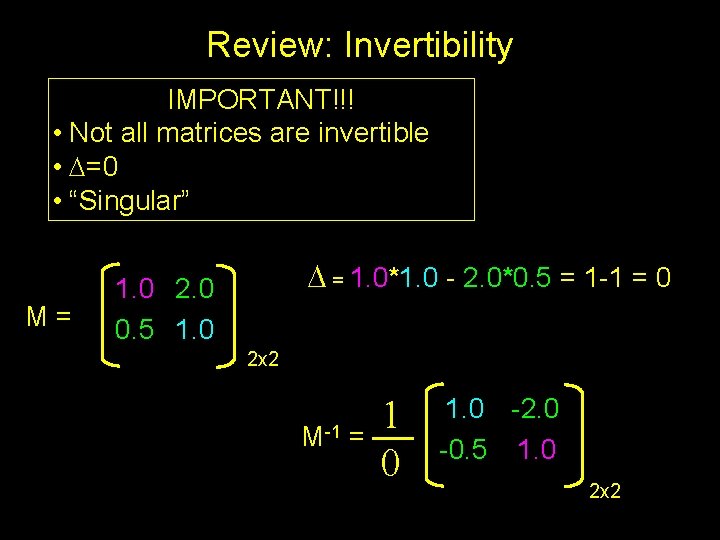 Review: Invertibility IMPORTANT!!! • Not all matrices are invertible • D=0 • “Singular” M=