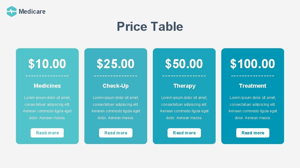 Medicare Price Table $10. 00 $25. 00 $50. 00 $100. 00 Medicines Check-Up Therapy