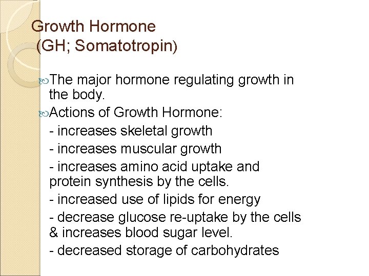 Growth Hormone (GH; Somatotropin) The major hormone regulating growth in the body. Actions of