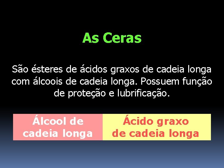 As Ceras São ésteres de ácidos graxos de cadeia longa com álcoois de cadeia