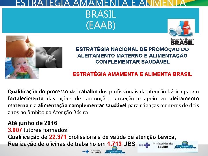 ESTRATÉGIA AMAMENTA E ALIMENTA Aleitamento Materno. BRASIL e Alimentação Complementar Saudável (EAAB) ESTRATÉGIA NACIONAL ESTRATÉGIA AMAMENTA E ALIMENTA Aleitamento Materno. BRASIL e Alimentação Complementar Saudável (EAAB) ESTRATÉGIA NACIONAL
