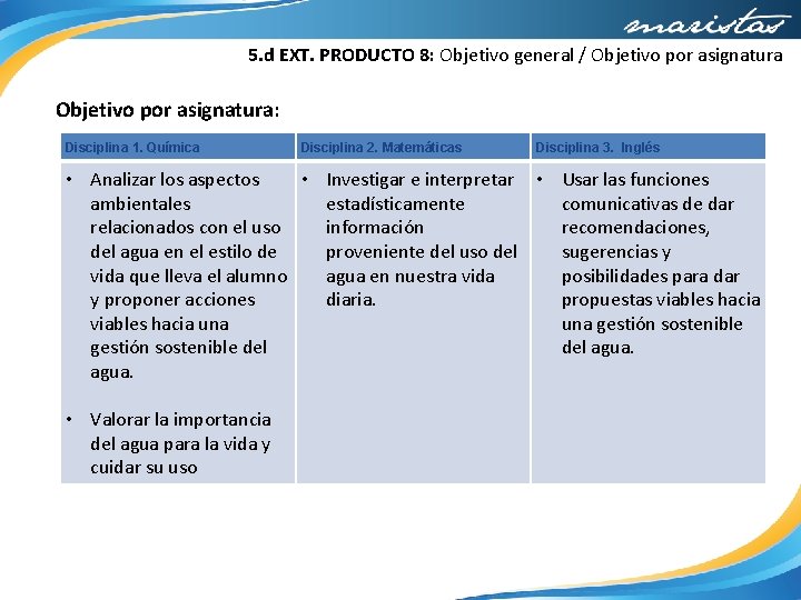 5. d EXT. PRODUCTO 8: Objetivo general / Objetivo por asignatura: Disciplina 1. Química
