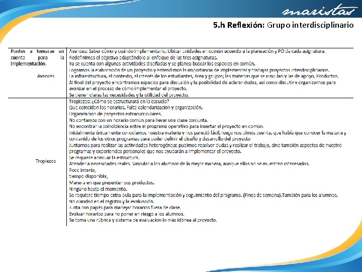 5. h Reflexión: Grupo interdisciplinario 