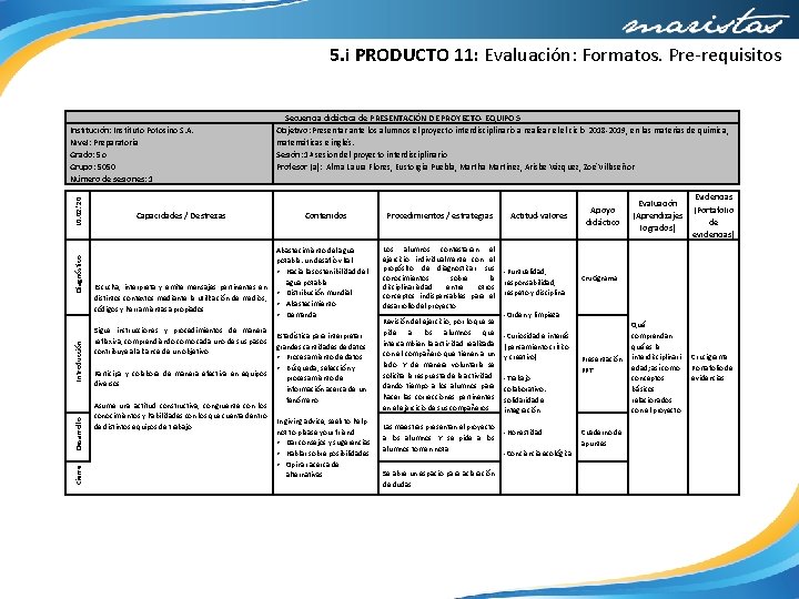 5. i PRODUCTO 11: Evaluación: Formatos. Pre-requisitos Institución: Instituto Potosino S. A. Nivel: Preparatoria