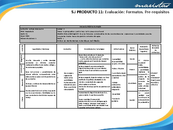 5. i PRODUCTO 11: Evaluación: Formatos. Pre-requisitos Institución: Instituto Potosino S. A. Nivel: Preparatoria