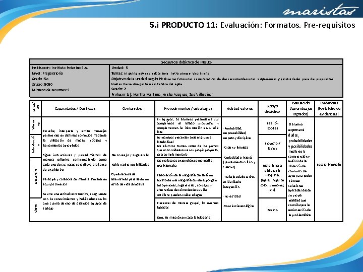 5. i PRODUCTO 11: Evaluación: Formatos. Pre-requisitos Institución: Instituto Potosino S. A. Nivel: Preparatoria