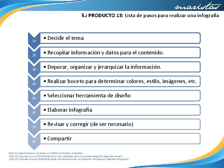 5. i PRODUCTO 13: Lista de pasos para realizar una infografía 1º • Decidir