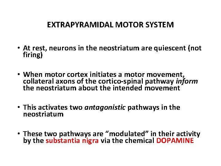 EXTRAPYRAMIDAL MOTOR SYSTEM • At rest, neurons in the neostriatum are quiescent (not firing) EXTRAPYRAMIDAL MOTOR SYSTEM • At rest, neurons in the neostriatum are quiescent (not firing)