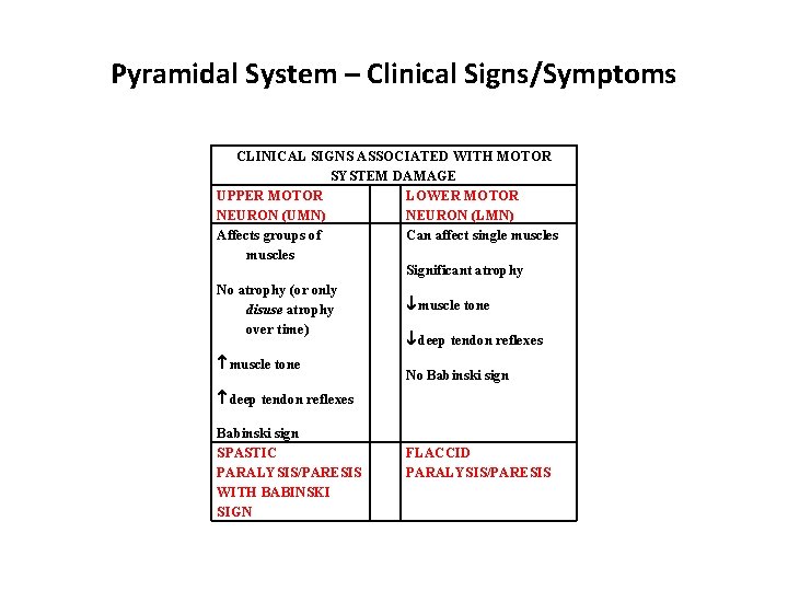 Pyramidal System – Clinical Signs/Symptoms CLINICAL SIGNS ASSOCIATED WITH MOTOR SYSTEM DAMAGE UPPER MOTOR Pyramidal System – Clinical Signs/Symptoms CLINICAL SIGNS ASSOCIATED WITH MOTOR SYSTEM DAMAGE UPPER MOTOR