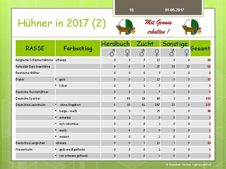 10 01 -05 -2017 Hühner in 2017 (2) RASSE Farbschlag Herdbuch Zucht Sonstige Gesamt