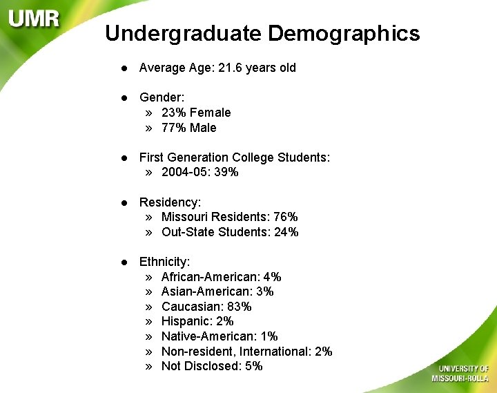 Undergraduate Demographics l Average Age: 21. 6 years old l Gender: » 23% Female