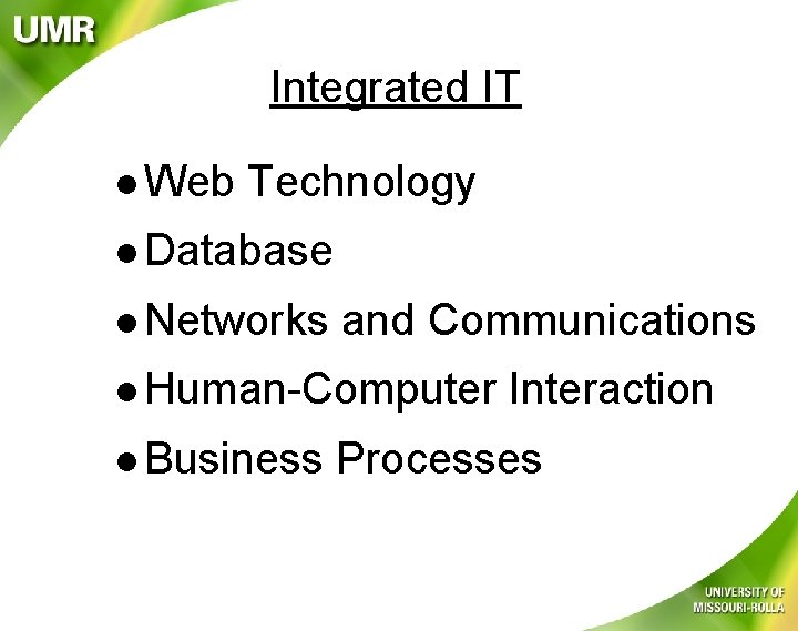 Integrated IT l Web Technology l Database l Networks and Communications l Human-Computer l