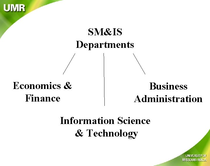 SM&IS Departments Economics & Finance Business Administration Information Science & Technology 