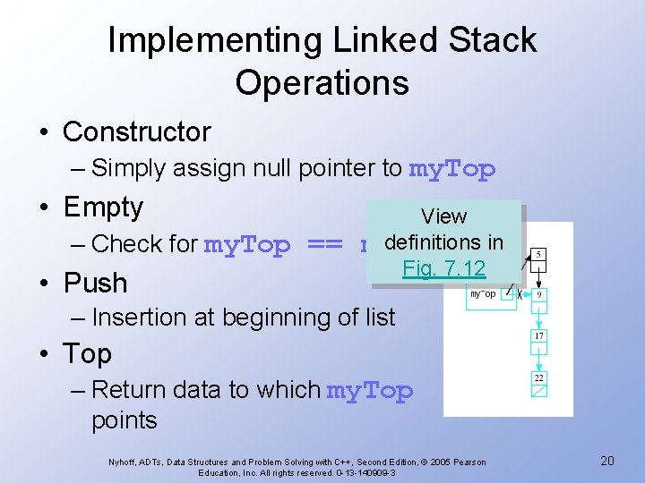 Implementing Linked Stack Operations • Constructor – Simply assign null pointer to my. Top