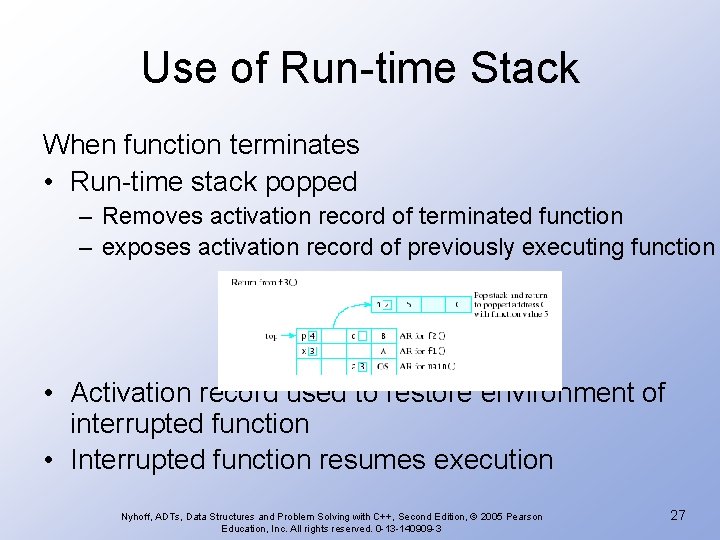 Use of Run-time Stack When function terminates • Run-time stack popped – Removes activation