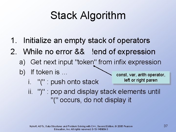 Stack Algorithm 1. Initialize an empty stack of operators 2. While no error &&