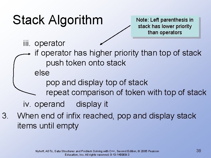 Stack Algorithm Note: Left parenthesis in stack has lower priority than operators iii. operator