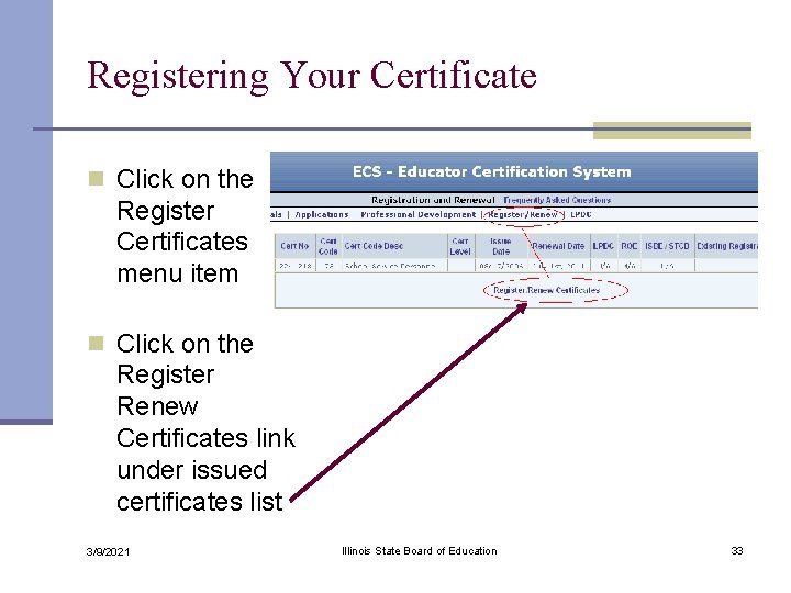 Registering Your Certificate n Click on the Register Certificates menu item n Click on