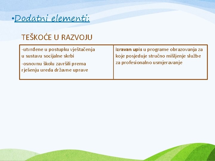 • Dodatni elementi: TEŠKOĆE U RAZVOJU -utvrđene u postupku vještačenja u sustavu socijalne • Dodatni elementi: TEŠKOĆE U RAZVOJU -utvrđene u postupku vještačenja u sustavu socijalne