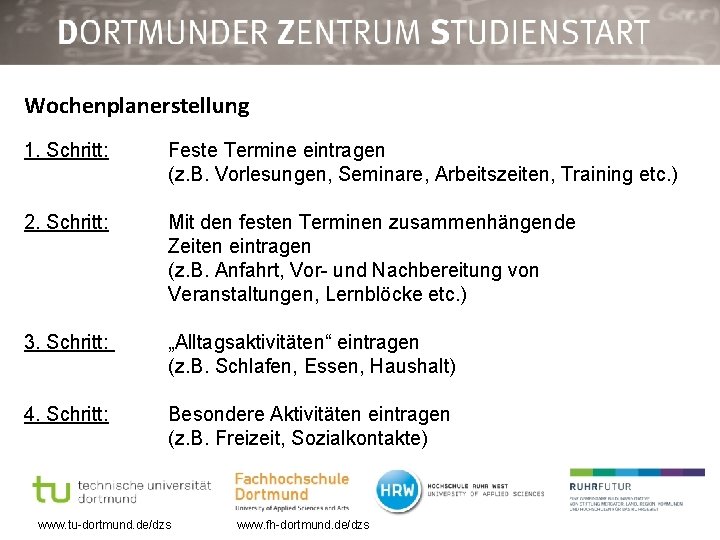 Wochenplanerstellung 1. Schritt: Feste Termine eintragen (z. B. Vorlesungen, Seminare, Arbeitszeiten, Training etc. )