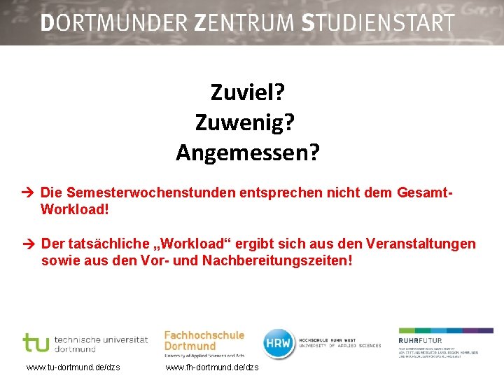 Zuviel? Zuwenig? Angemessen? Die Semesterwochenstunden entsprechen nicht dem Gesamt. Workload! Der tatsächliche „Workload“ ergibt