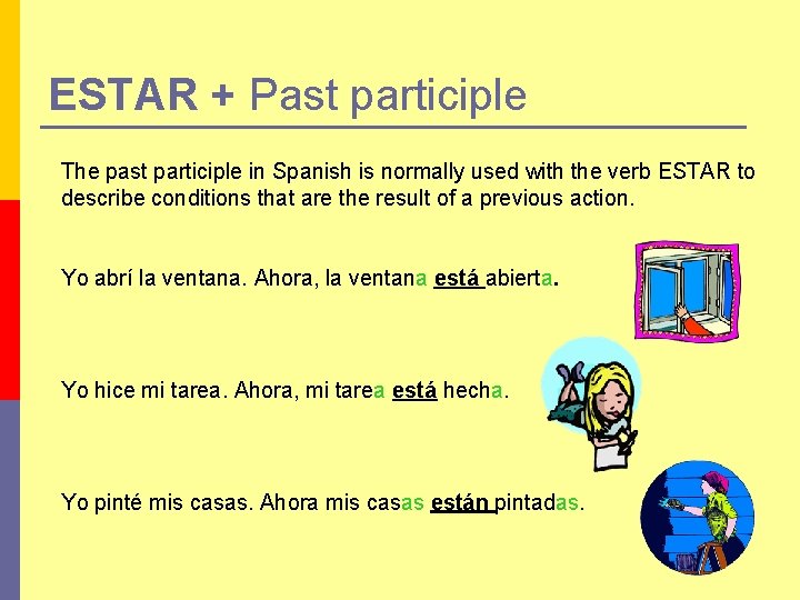 ESTAR + Past participle The past participle in Spanish is normally used with the