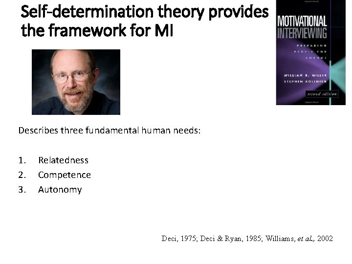 Self-determination theory provides the framework for MI Describes three fundamental human needs: 1. Relatedness