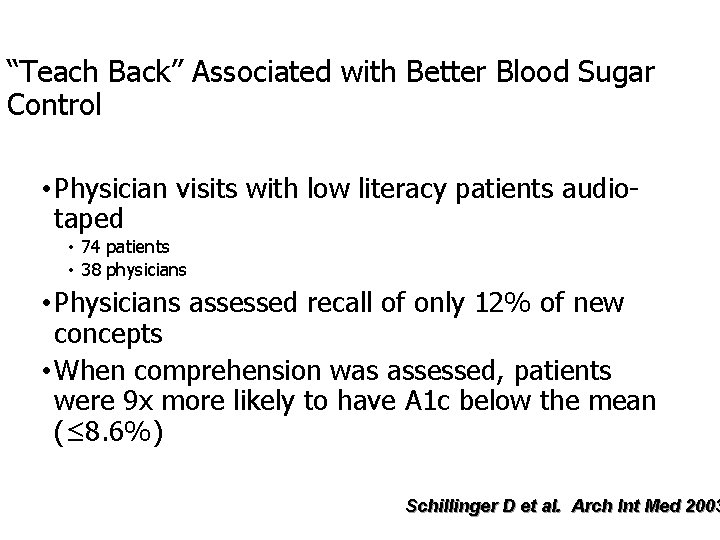 “Teach Back” Associated with Better Blood Sugar Control • Physician visits with low literacy