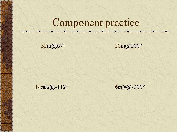 Component practice 32 m@67° 50 m@200° 14 m/s@-112° 6 m/s@-300° 