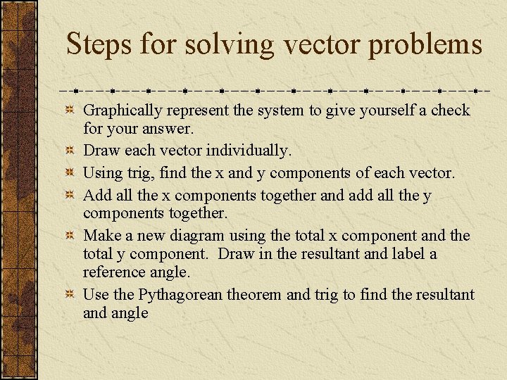 Steps for solving vector problems Graphically represent the system to give yourself a check