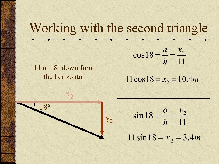 Working with the second triangle 11 m, 18 o down from the horizontal x