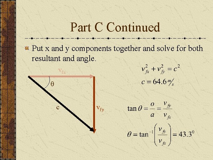 Part C Continued Put x and y components together and solve for both resultant