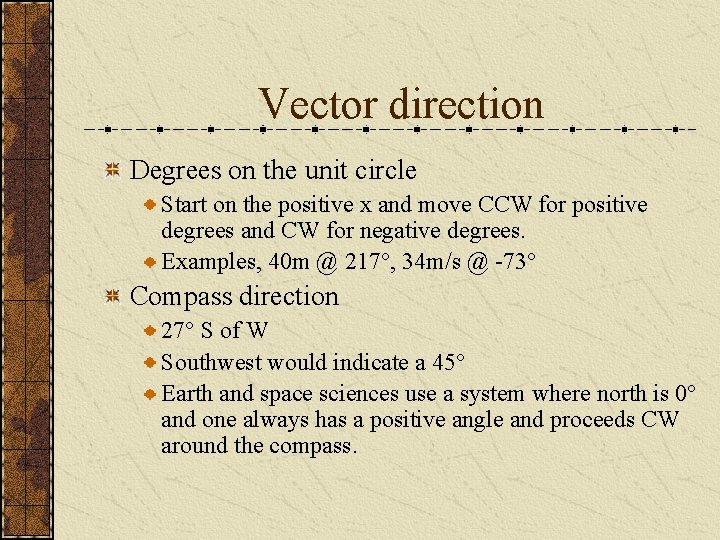 Vector direction Degrees on the unit circle Start on the positive x and move