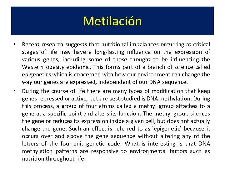 Metilación • Recent research suggests that nutritional imbalances occurring at critical stages of life