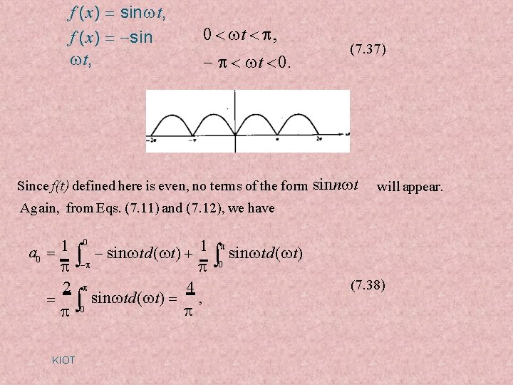 f (x) sin t, 0 t , t 0. (7. 37) Since f(t) defined f (x) sin t, 0 t , t 0. (7. 37) Since f(t) defined