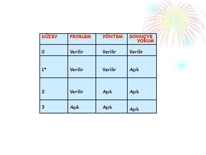 DÜZEY PROBLEM YÖNTEM SONUÇ VE YORUM 0 Verilir 1* Verilir Açık 2 Verilir Açık