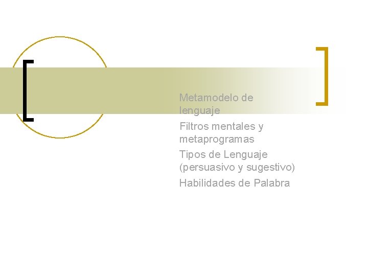 Metamodelo de lenguaje Filtros mentales y metaprogramas Tipos de Lenguaje (persuasivo y sugestivo) Habilidades