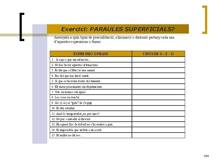 Exercici: PARAULES SUPERFICIALS? Assenyala a quin tipus de generalització, eliminació o distorsió pertany cada