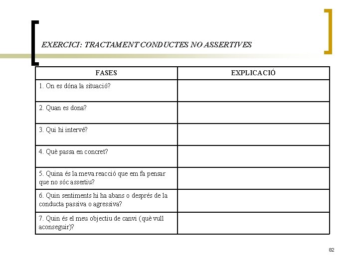 EXERCICI: TRACTAMENT CONDUCTES NO ASSERTIVES FASES EXPLICACIÓ 1. On es dóna la situació? 2.