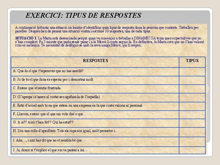 EXERCICI: TIPUS DE RESPOSTES A continuació trobaràs una situació on hauràs d’identificar quin tipus